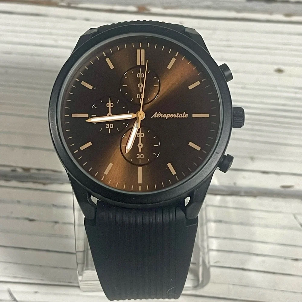 NEW BATTERY Aeropostale Luxury Watch‎ Metallic Brown Chronograph Dial Silicone